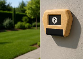 Dispositivo Fliwer instalado en pared junto al jard&iacute;n